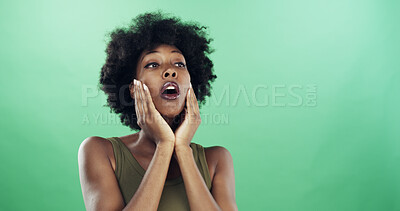 Buy stock photo Shocked, wow and black woman in studio, excited and facial expression on green background. African person, surprise or model with announcements, good news and winning with omg, discount deal or emoji
