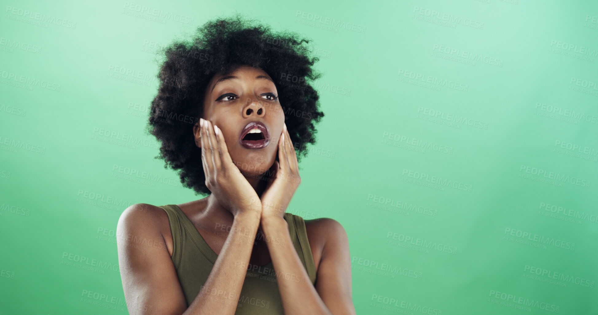 Buy stock photo Shocked, wow and black woman in studio, excited and facial expression on green background. African person, surprise or model with announcements, good news and winning with omg, discount deal or emoji