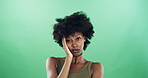 Bored, portrait and black woman in studio with annoyed, fatigue or thinking facial expression. Mockup space, upset and African female person with exhaustion, tired or moody face by green background.
