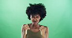 Frustration, upset and black woman in studio with reaction for mistake, fail or crisis problem. Annoyed, emotions and African person with regret for rage, fear or mental health by green background.