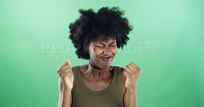Buy stock photo Frustration, stress and black woman in studio with reaction for mistake, fail or crisis with anger. Annoyed, emotion and African person with regret for rage, fear or mental health by green background