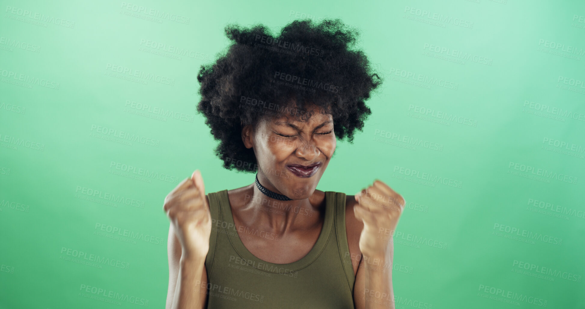 Buy stock photo Frustration, stress and black woman in studio with reaction for mistake, fail or crisis with anger. Annoyed, emotion and African person with regret for rage, fear or mental health by green background