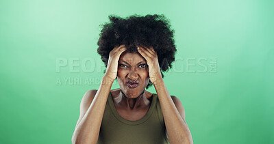 Buy stock photo Frustration, emotions and black woman in studio with reaction for mistake, fail or crisis with anger. Annoyed, upset and African person with regret for rage, fear or mental health by green background