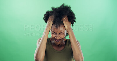 Buy stock photo Frustration, annoyed and black woman in studio with reaction for mistake, fail or crisis. Stress, emotions and African person with regret for rage, fear or mental health by green background.
