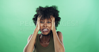 Buy stock photo Frustration, portrait and black woman in studio with reaction for mistake, fail or crisis with anger. Confused, scared and African person with regret for rage, fear or emotions by green background.