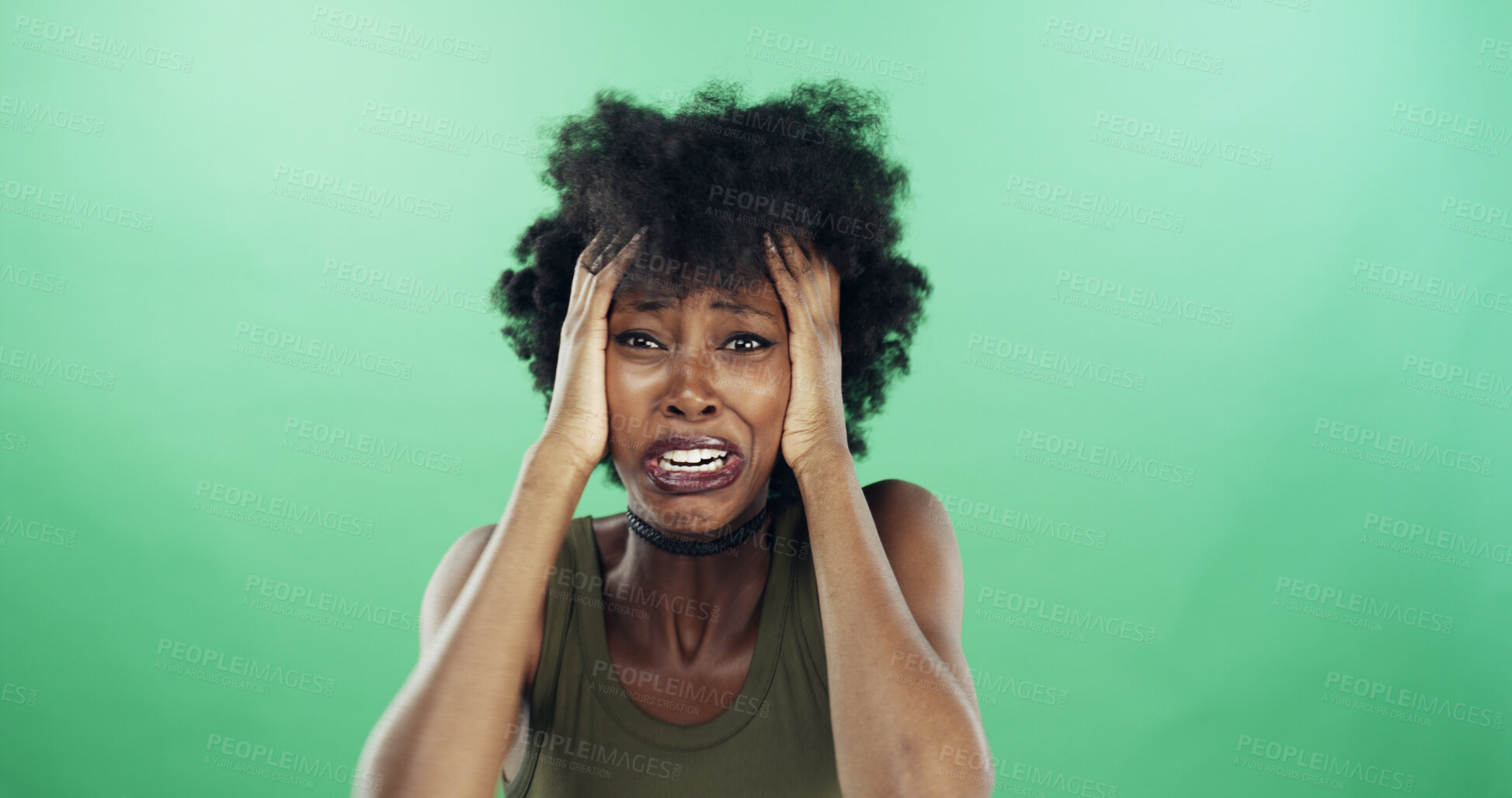 Buy stock photo Frustration, portrait and black woman in studio with reaction for mistake, fail or crisis with anger. Confused, scared and African person with regret for rage, fear or emotions by green background.