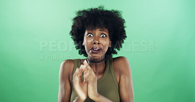 Buy stock photo Black woman, portrait and scared with fear on green background for horror or fright in studio. Female person, anxiety or African model with shock, panic scare for terror or danger on mockup space