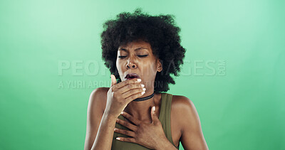 Buy stock photo Black woman, cough and chest pain in studio with virus, sick and fatigue by green background. African person, girl and sore throat with pneumonia, flu or asthma with lung infection with mockup space