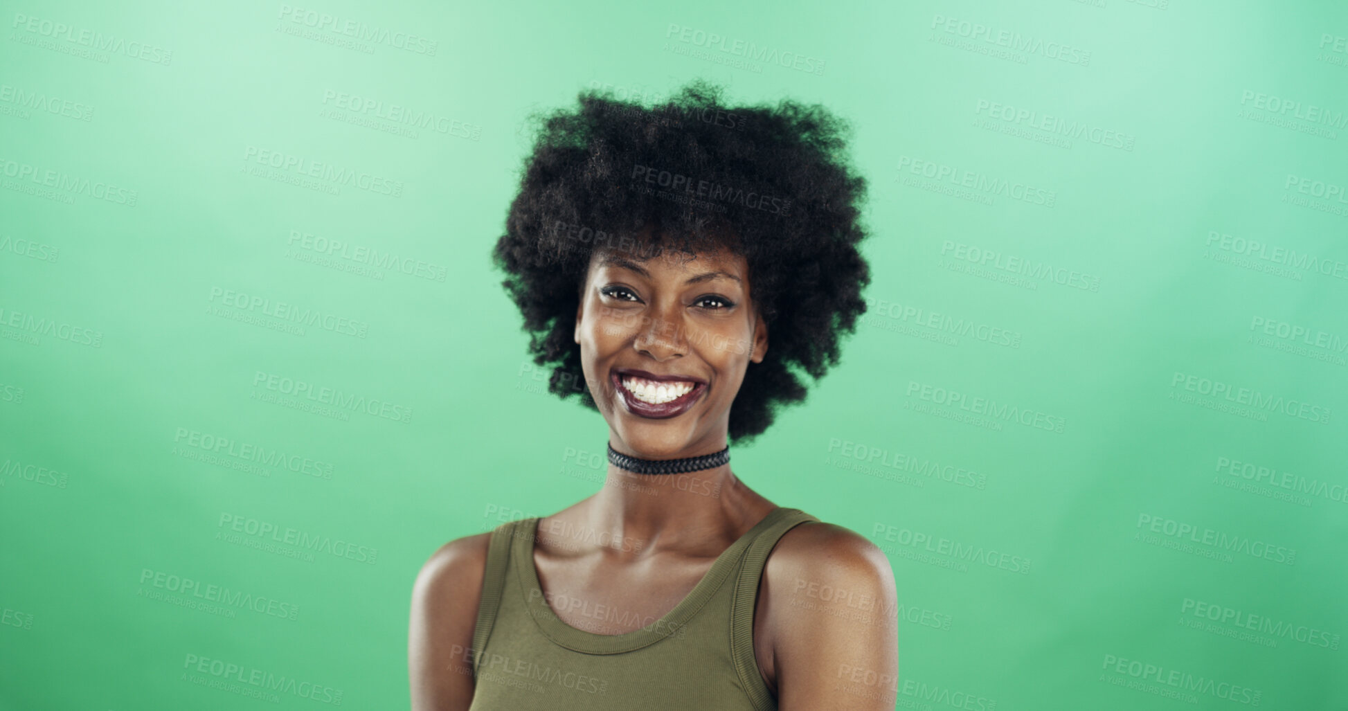 Buy stock photo Black woman, afro and fashion for choker necklace, aesthetic or natural portrait on green background. Space, smile and African female person with cool style, curly hair and accessory in studio