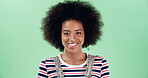 Education, portrait and smile with black woman on green screen for college or university marketing. Advertising, afro and mockup space with happy student un studio for learning or scholarship