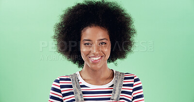Buy stock photo Education, portrait and smile with black woman on green screen for college or university marketing. Advertising, afro and mockup space with happy student in studio for learning or scholarship