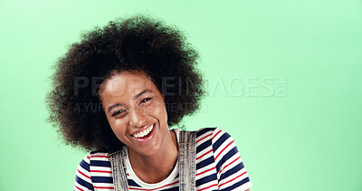 Buy stock photo Afro, portrait and smile with black woman on green screen for college or university advertising. Education, marketing and mockup space with happy student in studio for learning or scholarship