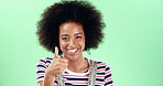 Afro, portrait and thumbs up with black woman on green screen for college or university advertising. Education, motivation and success with happy student on studio space for learning or scholarship