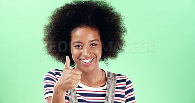 Buy stock photo Afro, portrait and thumbs up with black woman on green screen for college or university advertising. Education, motivation and success with happy student on studio space for learning or scholarship