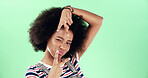 Portrait, black woman and happy with peace sign in studio with pouting, afro and cool attitude. Wink, female person and hand gesture on green background with mockup space, positive and casual style
