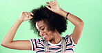 Smile, green screen and woman in studio for dancing, movement and celebration for good news. African female person, model and happiness with energy for wellness, hands up and rhythm by background