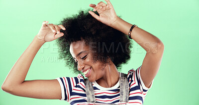 Buy stock photo Smile, green screen and woman in studio for dancing, movement and celebration for good news. African female person, model and happiness with energy for wellness, hands up and rhythm by background