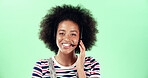 Black woman, portrait and call center microphone with headset for communication, customer support or help desk. Contact us, CRM or consultant in studio by space, smile and advice on green background