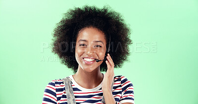 Buy stock photo Black woman, portrait and call center microphone with headset for communication, customer support or help desk. Contact us, CRM or consultant in studio by space, smile and advice on green background