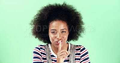 Buy stock photo Black woman, portrait and finger with hush, silence and green background for mystery announcement. Model, gossip and secret with rumor, whisper and gesture for news with privacy or noise in studio