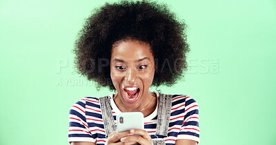 Buy stock photo Green screen, woman and excited with shock for smartphone, breaking news and online discount. Mockup, African female person and surprised with mobile app for reading, offer notification or studio