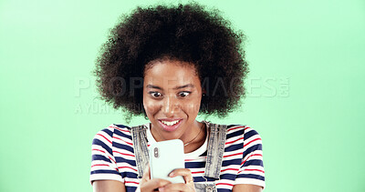 Buy stock photo Green background, woman and winner with shock for smartphone, breaking news and online discount. Mockup, African female person and surprised with mobile for offer notification, excited and studio