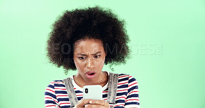 Buy stock photo Green background, phone or black woman with surprise for breaking news, mockup and online scam. Space, stress and shocked African girl with mobile app for reading error, notification alert or studio