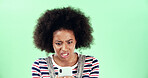 Green background, phone or black woman with shock for breaking news, mockup and online scam. Space, stress and surprised African girl with mobile app for reading error, notification alert or studio