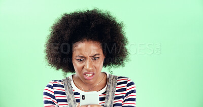 Buy stock photo Green screen, phone or black woman with shock for breaking news, mockup and online scam. Space, stress and surprised African girl with mobile app for reading error, notification alert or studio