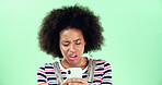 Green background, disappointed or black woman with phone for breaking news or online scam. Mockup space, loss and upset African girl with mobile app for reading error, notification alert or studio