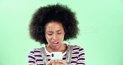 Buy stock photo Green screen, disappointed and black woman with phone for breaking news and online scam. Mockup space, loss and upset African girl with mobile app for reading error, notification alert and glitch