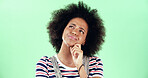 Black woman, thinking and green screen for choice, question and education comparison. Student person, option and idea on chroma key for opportunity, problem solving and decision with doubt in studio