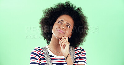 Buy stock photo Black woman, thinking and green screen for choice, question and education comparison. Student person, option and idea on chroma key for opportunity, problem solving and decision with doubt in studio