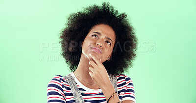 Buy stock photo Black woman, thinking and green screen for choice, doubt and education comparison. Student person, option and idea on chroma key for opportunity, problem solving and decision with question in studio