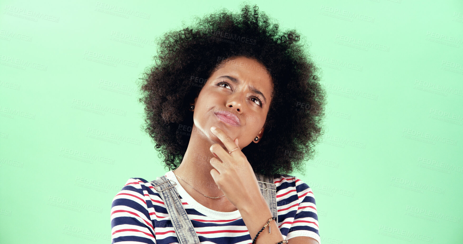Buy stock photo Black woman, thinking and green screen for choice, doubt and education comparison. Student person, option and idea on chroma key for opportunity, problem solving and decision with question in studio