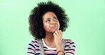 Black woman, thinking and green screen for choice, option and education comparison. Student person, question and idea on chroma key for opportunity, problem solving and decision with doubt in studio