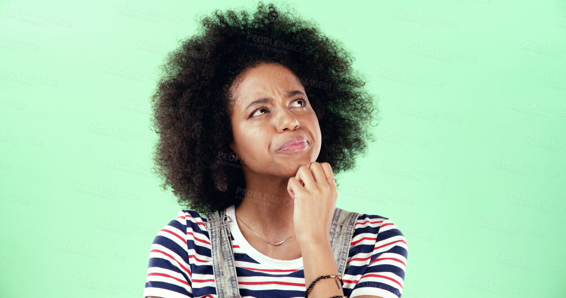 Buy stock photo Black woman, thinking and green screen for choice, option and education comparison. Student person, question and idea on chroma key for opportunity, problem solving and decision with doubt in studio