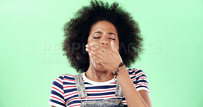 Buy stock photo Black woman, hand and yawning for fatigue in studio, sleepless or insomnia with gesture on green background. Low energy, tired or exhausted with female person covering mouth for burnout or laziness