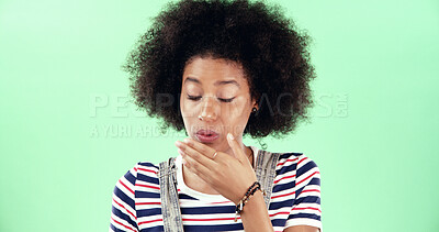 Buy stock photo Gross, woman and disgust for smell in studio with bad odor, unexpected or reaction to foul scent. Mockup space, african person and dislike overwhelming fragrance with disagreement on green background