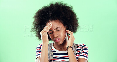 Buy stock photo Green screen, headache and black woman on studio background with stress, migraine or pain. Frustrated, vertigo and burnout with temple massage, student person and sick with health risk for chromakey