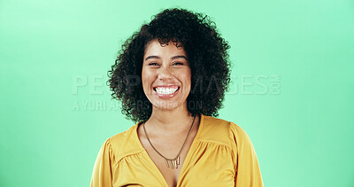 Buy stock photo Portrait, happy and woman in studio as hairdresser isolated on green background with space. Hairstylist, confident professional and salon for hair care, beauty and small business owner in Brazil