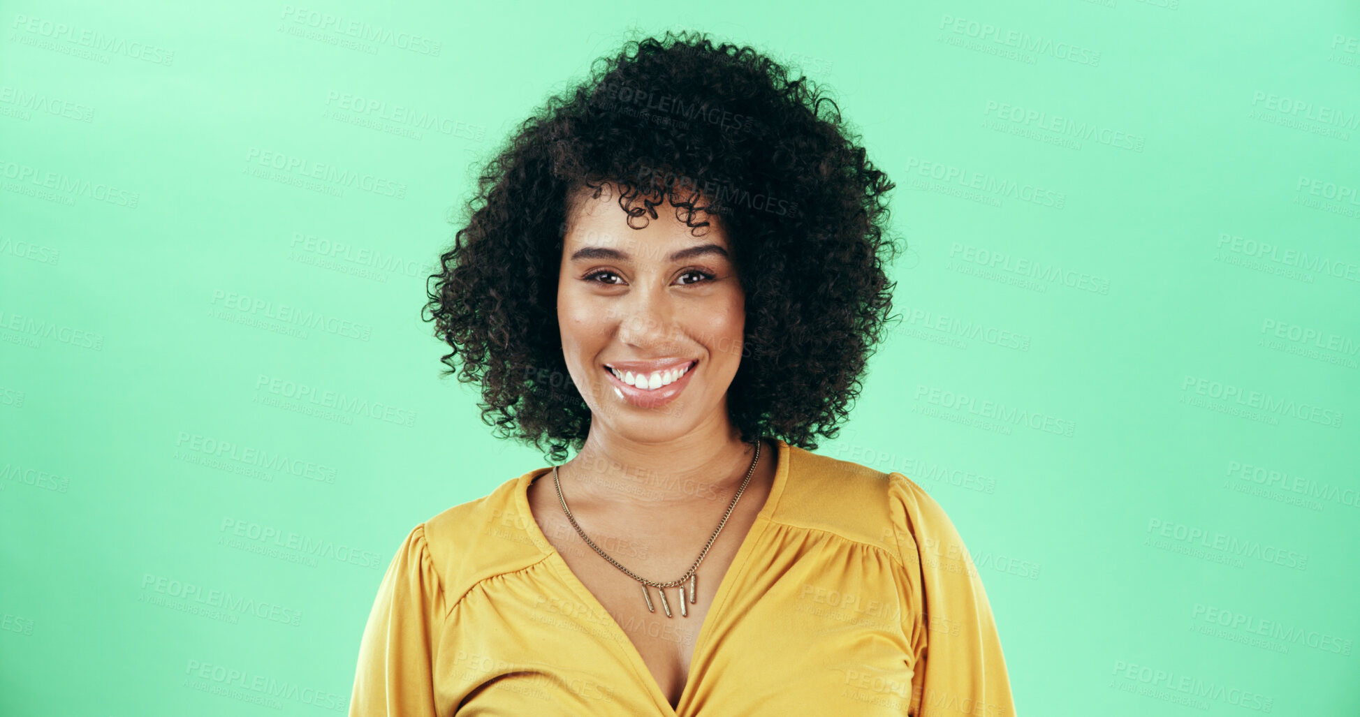 Buy stock photo Portrait, smile and woman in studio as hairdresser isolated on green background with space. Hairstylist, confident professional and salon for hair care, beauty and small business owner in Brazil