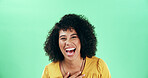 Studio, laughing and woman with humor, portrait and listening to funny joke, mockup space and comic. Green background, kindergarten teacher and person with smile for comedy, happiness and joy in USA