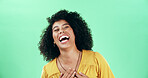 Studio, laughing and woman with humor, happiness and listening to funny joke, mockup space or comic. Green background, kindergarten teacher and person with smile for comedy, positive attitude and joy