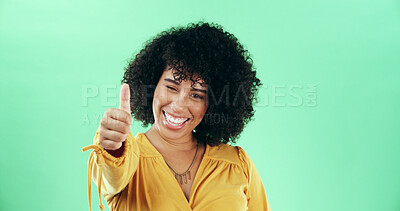 Buy stock photo Green background, woman and portrait with wink for thumbs up, agreement and yes sign with mockup. African female person, happiness and emoji reaction with hand gesture for opinion, review and studio