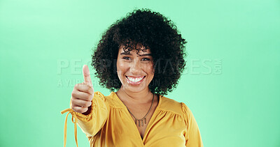Buy stock photo Green background, woman and portrait with smile for thumbs up, agreement and yes sign with space. African person, happy and emoji reaction with hand gesture for opinion, review or voice in studio