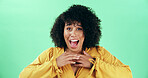 Excited, surprise and portrait of woman in studio with winning lottery, prize or promotion. Happy, sale and person with announcement for bonus with wow, omg or shock expression by green background.