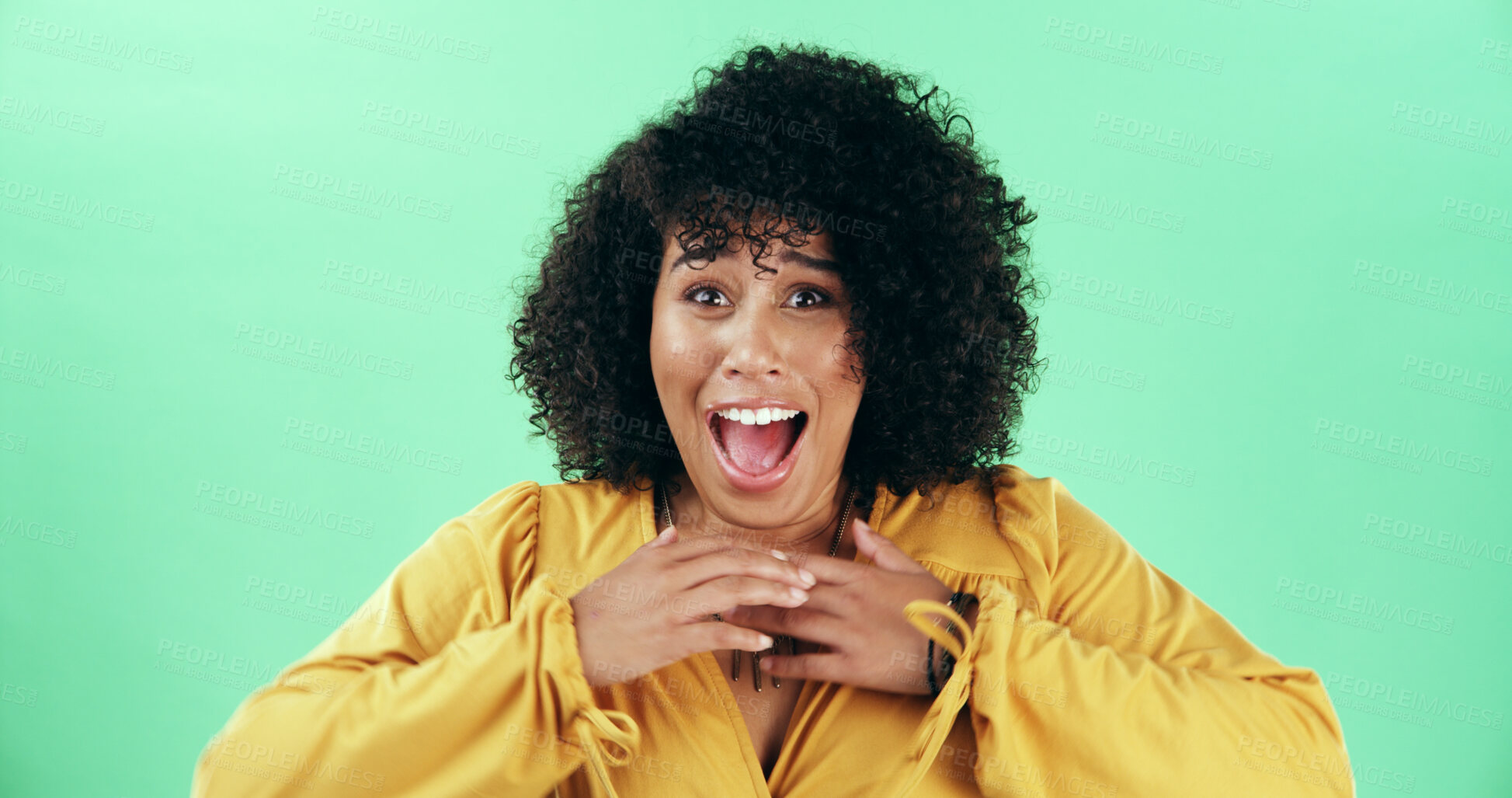Buy stock photo Excited, surprise and portrait of woman in studio with winning lottery, prize or promotion. Happy, sale and person with announcement for bonus with wow, omg or shock expression by green background.
