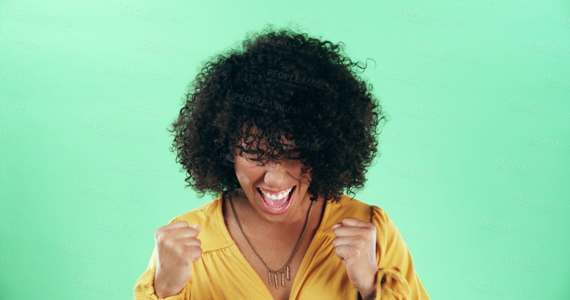 Buy stock photo Studio, excited woman and fist pump to celebrate winning, goal achievement and victory. Success, person and cheers for lottery, good news and bonus prize with reward on green background with space