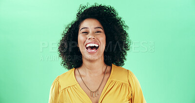 Buy stock photo Studio, comic and happy woman laugh for humor, joke and excited isolated on green background. Portrait, comedy and funny female model with crazy emotion, goofy and LOL for good mood with space